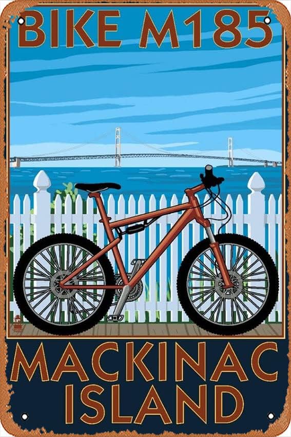 Mountain Biking Michigan - ヴィンテージのブリキ看板 マッキナック島、ミシガン州、マウンテンバイクの風景 バー クラブ 家族のバスルーム トイレ